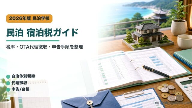 民泊の宿泊税対応で税率、OTA代理徴収、申告手順、台帳管理を整理したアイキャッチ画像