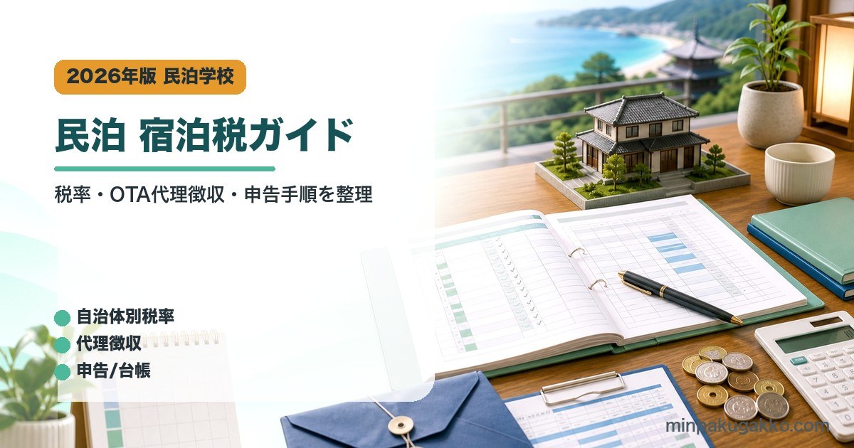 民泊の宿泊税対応で税率、OTA代理徴収、申告手順、台帳管理を整理したアイキャッチ画像