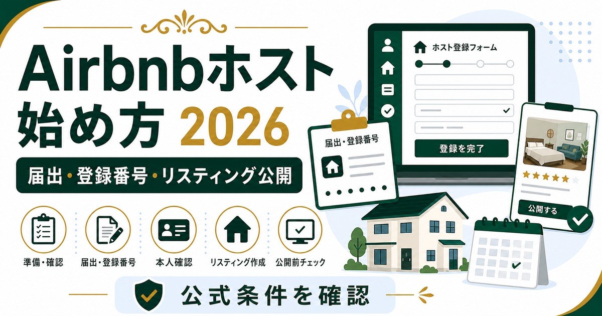 Airbnbホスト開始を届出、登録番号、リスティング公開、公式条件確認で整理した図