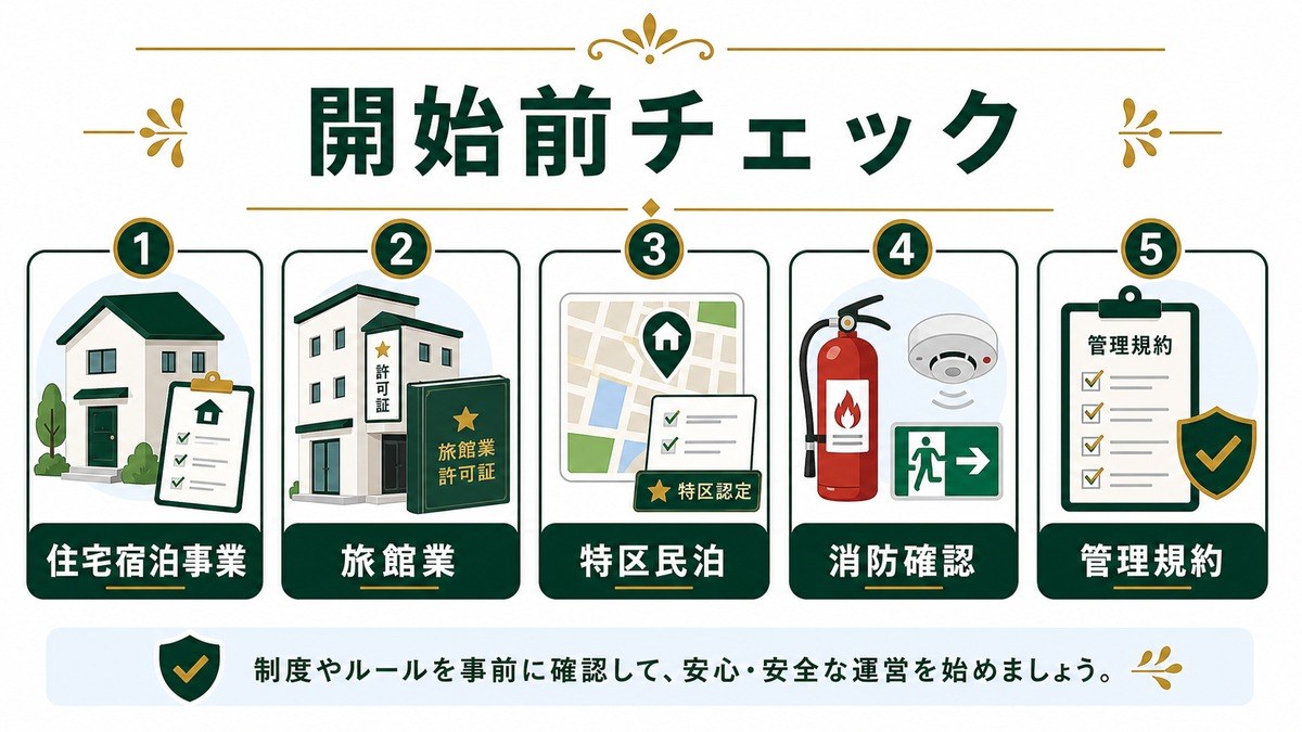 Airbnbホスト開始前の制度確認を住宅宿泊事業、旅館業、特区民泊、消防確認、管理規約で示した図