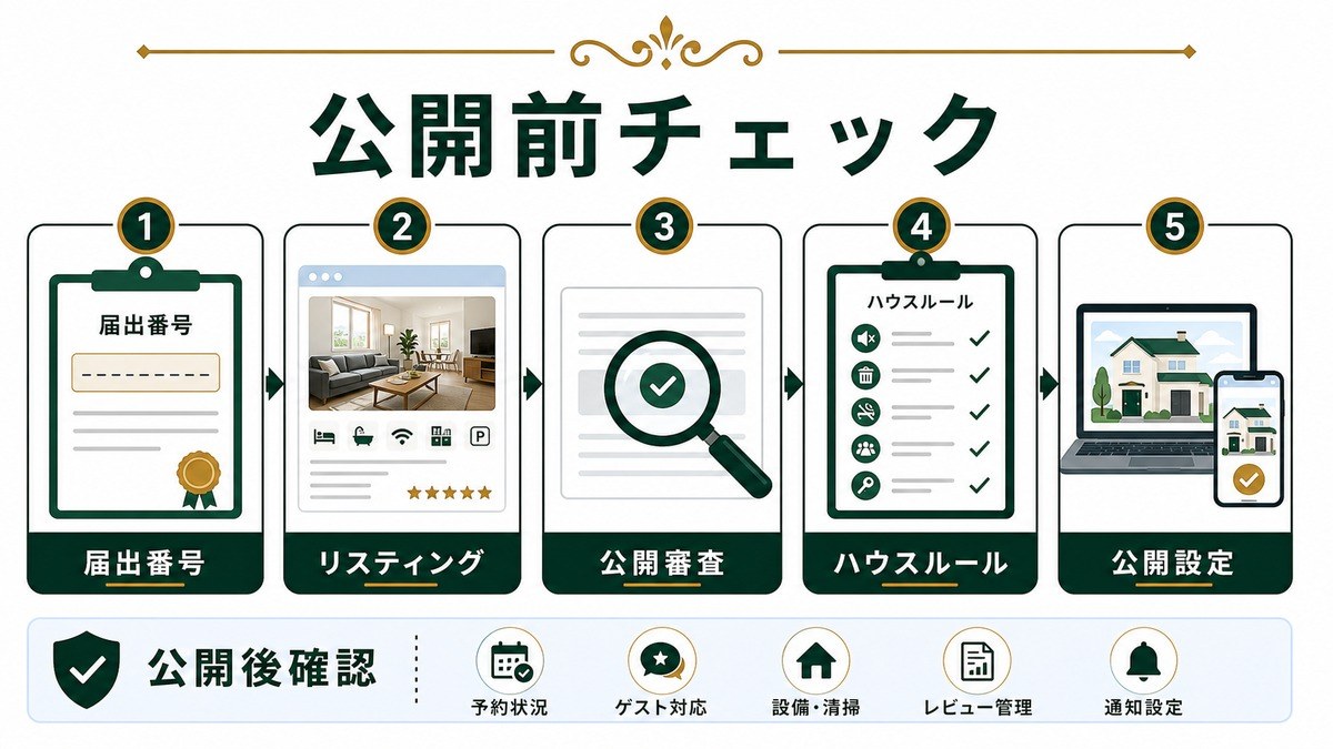 Airbnb公開前チェックを届出番号、リスティング、公開審査、ハウスルール、公開設定、公開後確認で示した図