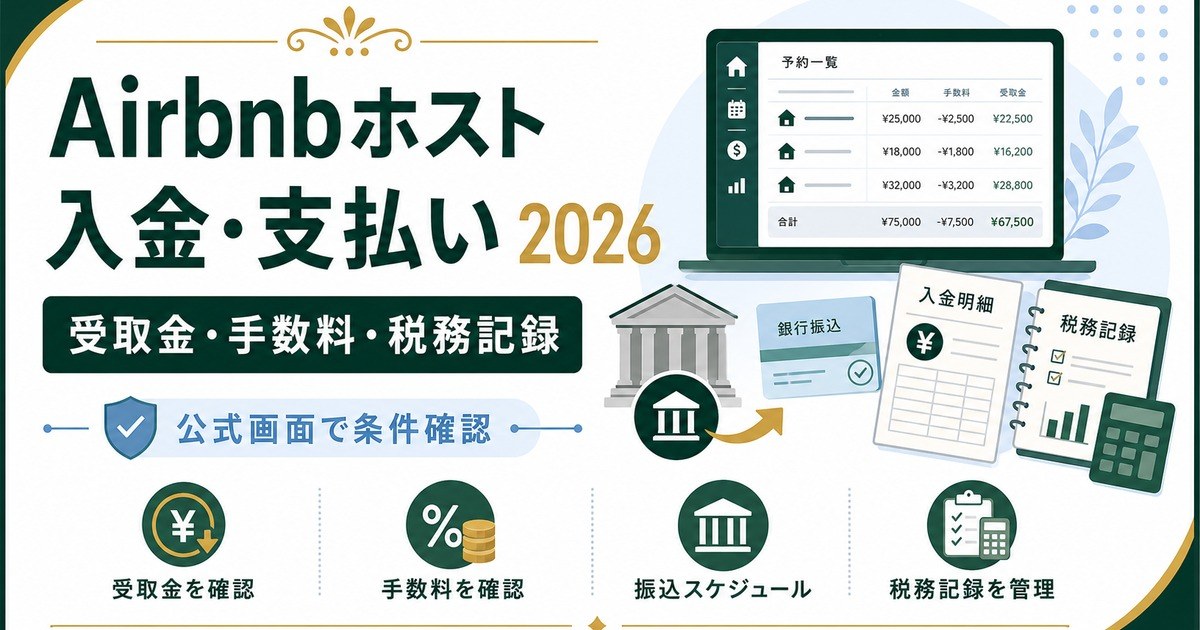 Airbnbホストの入金、受取金、手数料、税務記録を公式画面確認前提で整理した図