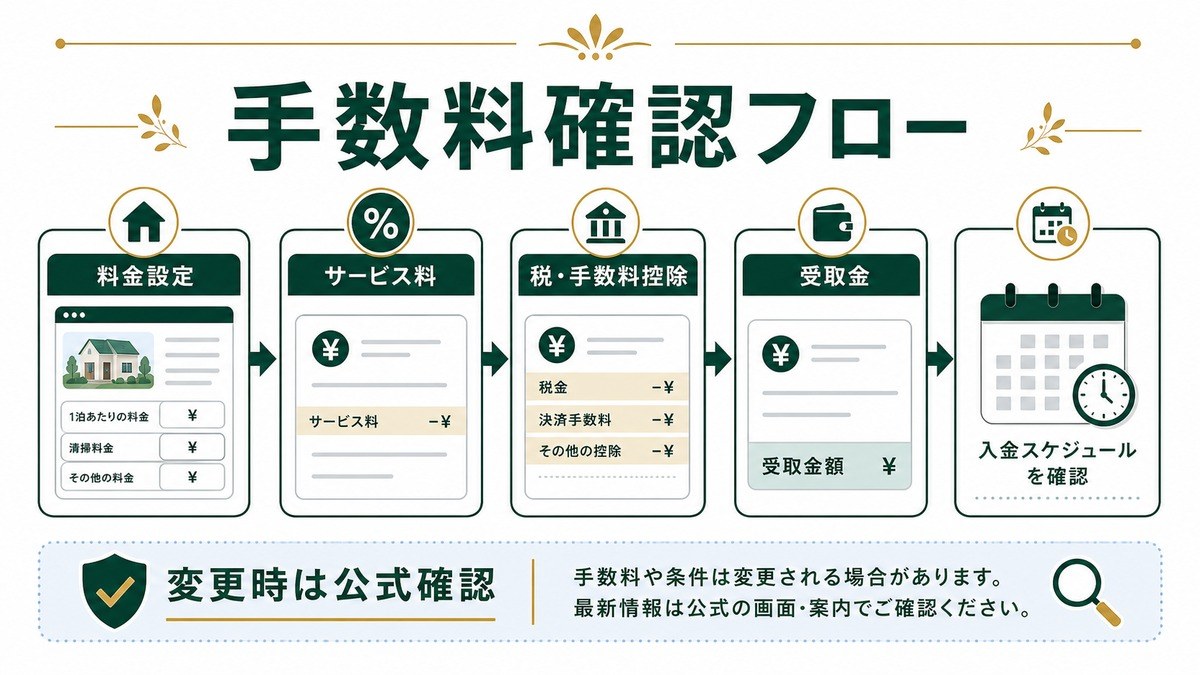 Airbnbホストの手数料確認フローを料金設定、サービス料、受取金、税手数料控除で示した図