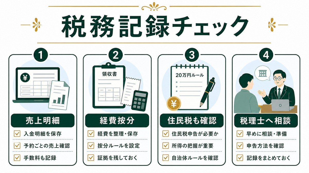 Airbnb収入の税務記録を売上明細、経費按分、20万円ルール、住民税確認、税理士相談で示した図