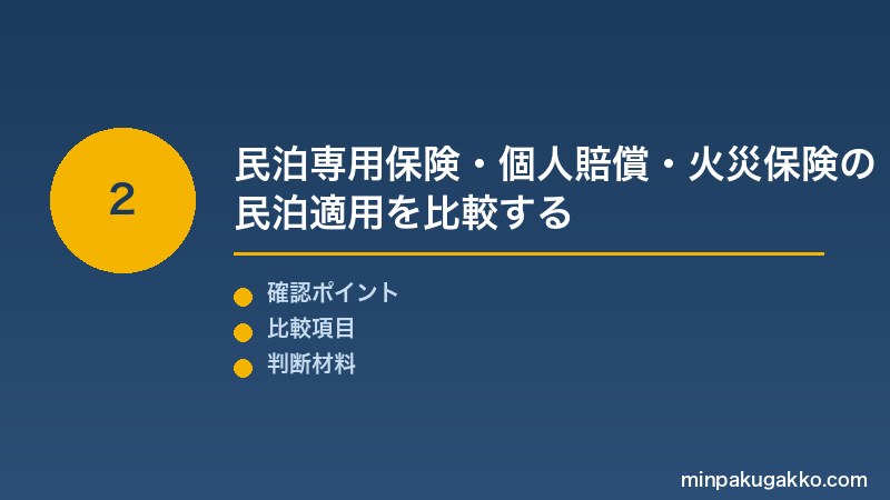 Airbnbホスト保険 Step2 民泊専用保険（損保ジャパン・東京海上・三井住友）・個人賠償責任保険・火災保険の民泊適用可否・特約条件を比較する