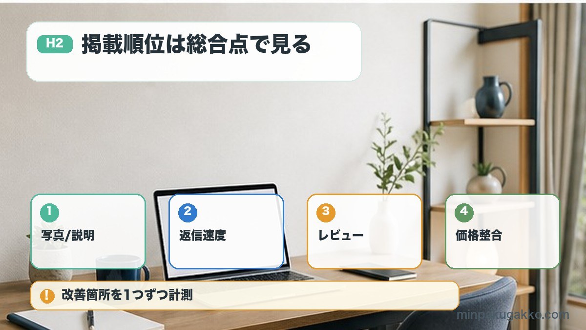 Airbnbの掲載順位改善で確認したい写真説明返信レビュー価格の図解