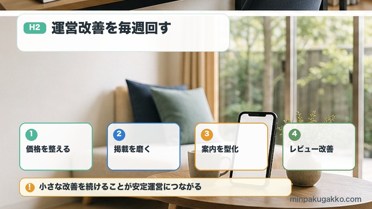 Airbnb初心者が毎週回したい価格掲載案内レビュー改善の流れ