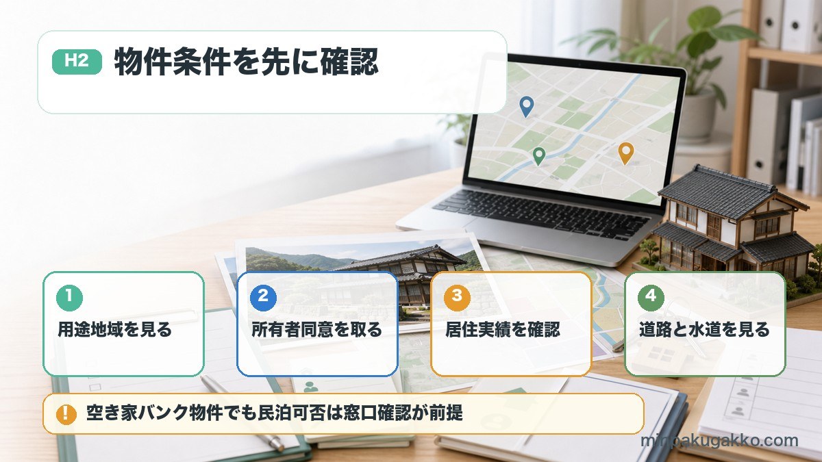 空き家バンク物件で用途地域、所有者同意、居住実績、道路と水道を確認する図