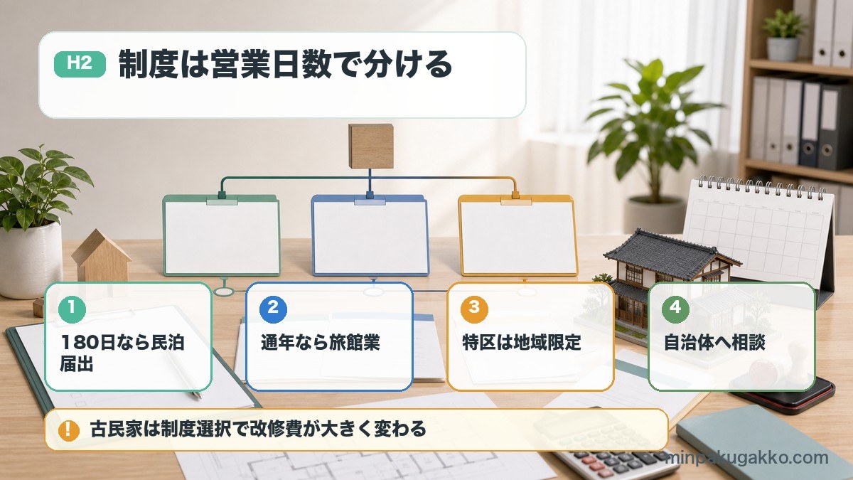 古民家民泊の制度選択で民泊届出、旅館業、特区民泊、自治体相談を整理した図