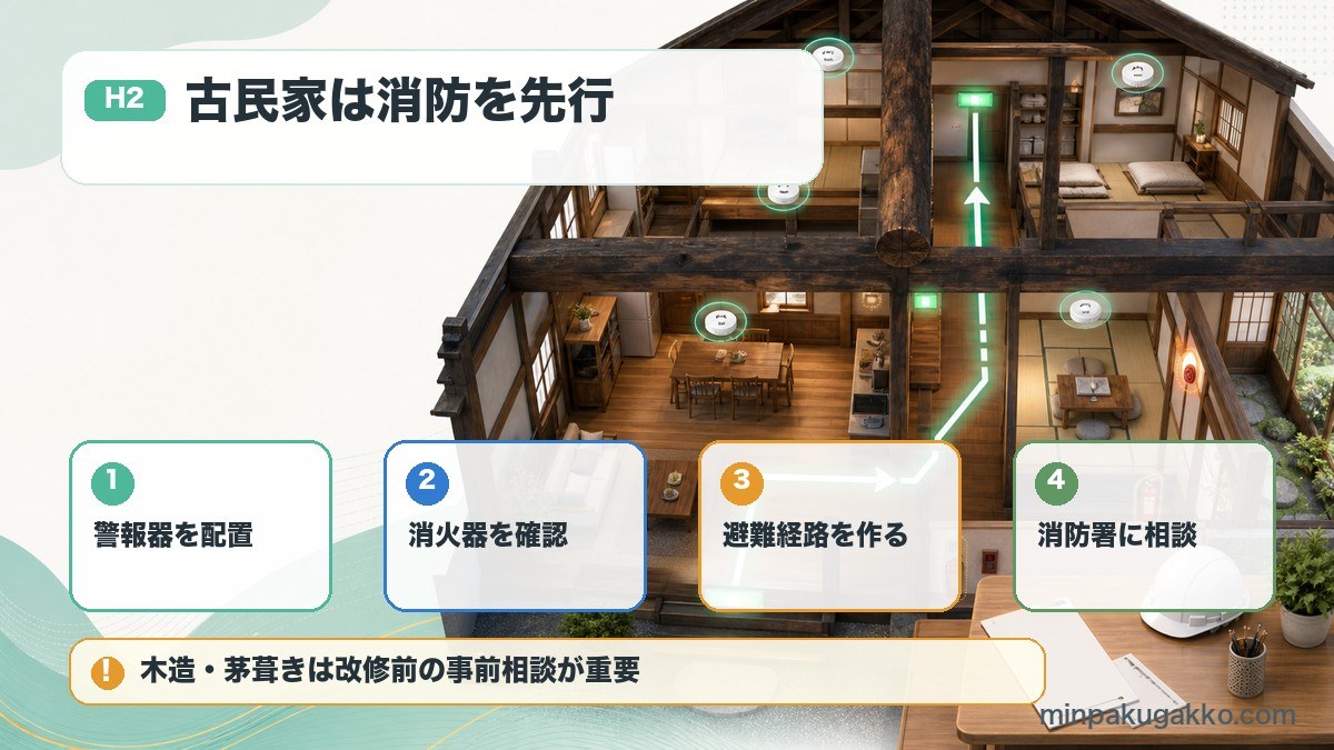 古民家民泊で警報器、消火器、避難経路、消防署相談を確認する図