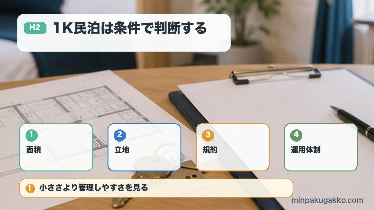 1K民泊は条件で判断するを面積、立地、規約、運用体制で整理する図解