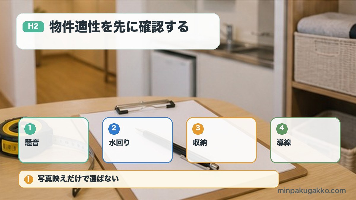 物件適性を先に確認するを騒音、水回り、収納、導線で整理する図解