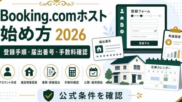 Booking.comホスト登録手順、届出番号、手数料確認、公式条件確認を整理した図