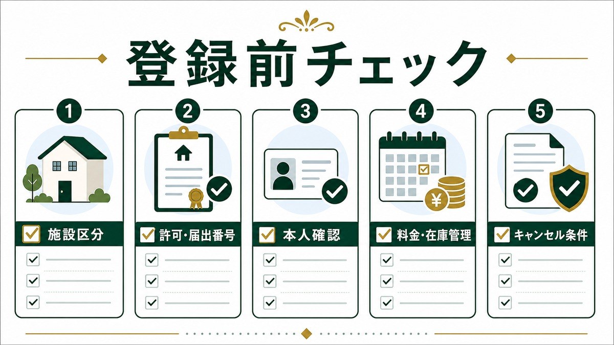 Booking.com登録前チェックを施設区分、許可届出番号、本人確認、料金在庫管理、キャンセル条件で示した図