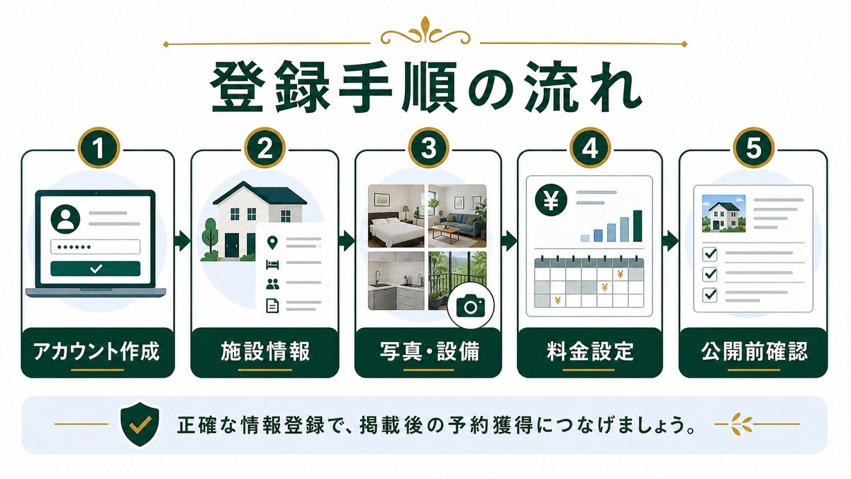 Booking.comの登録手順をアカウント作成、施設情報、写真設備、料金設定、公開前確認で示した図