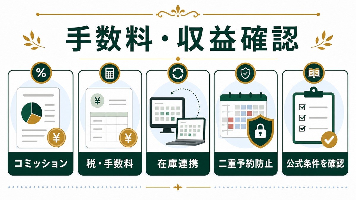 Booking.comの手数料と収益確認をコミッション、税手数料、在庫連携、二重予約防止、公式条件確認で示した図