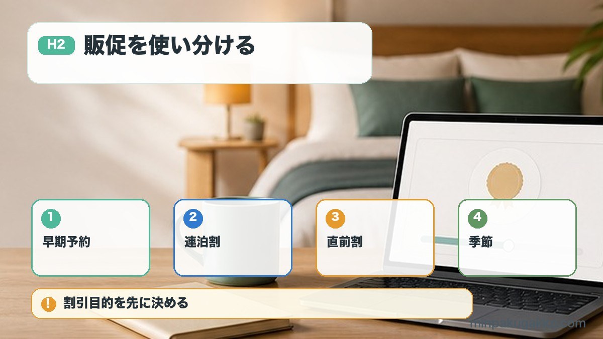 販促を使い分けるを早期予約、連泊割、直前割、季節で整理する図解