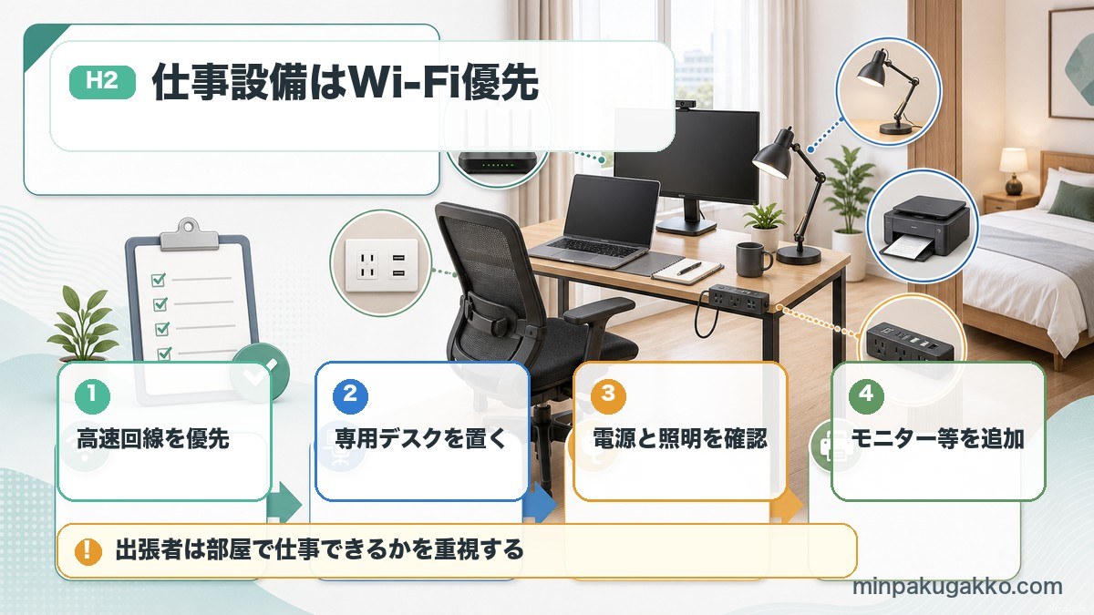 ビジネスゲスト向け設備を高速Wi-Fi、専用デスク、電源と照明、モニターで整える流れを示した図