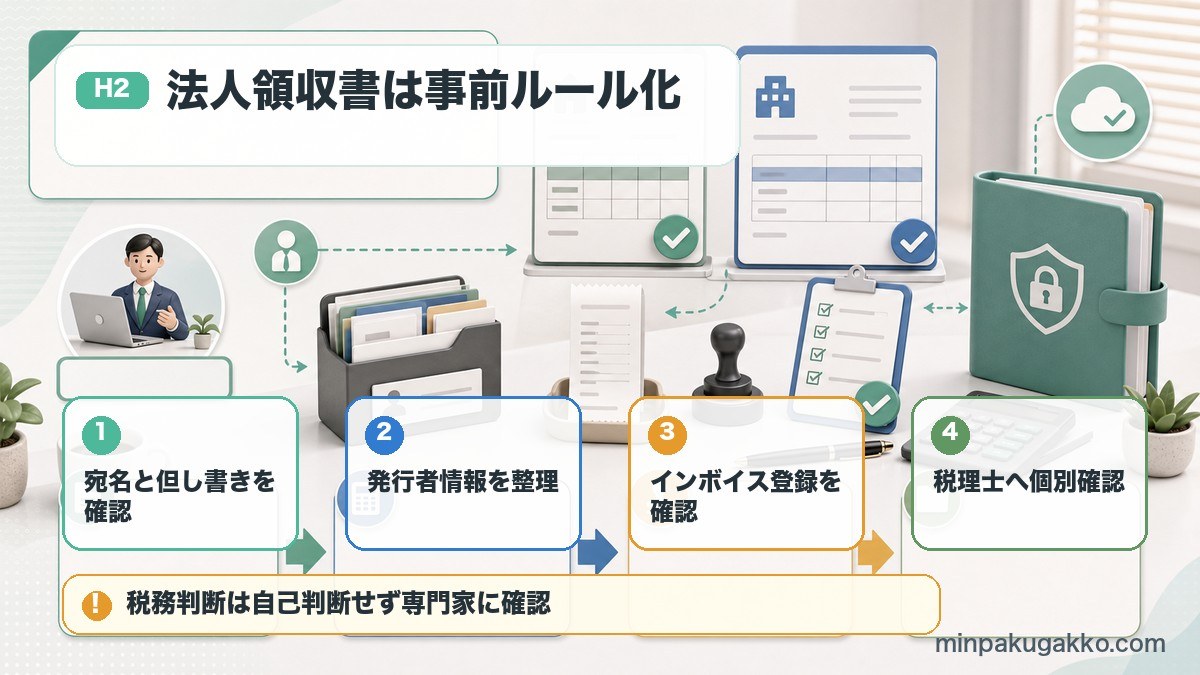 法人領収書とインボイス対応で宛名、発行者情報、登録状況、税理士確認を整理する図