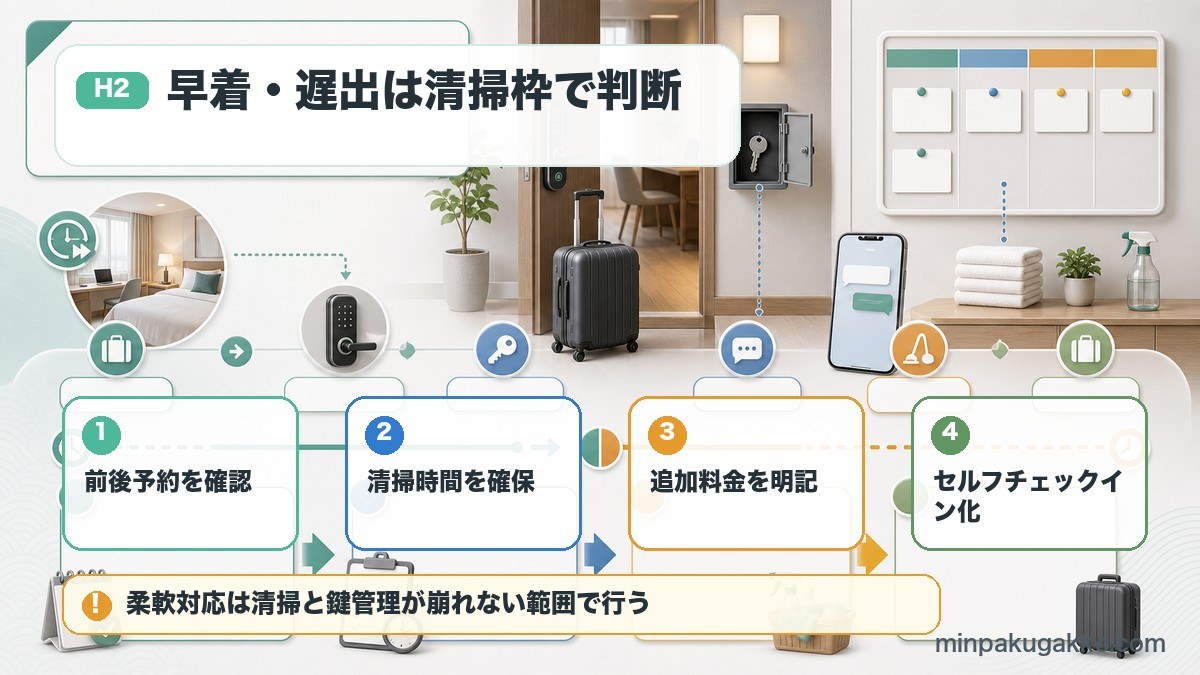 出張者向けに早期チェックインとレイトチェックアウトを前後予約、清掃時間、追加料金、セルフチェックインで判断する図