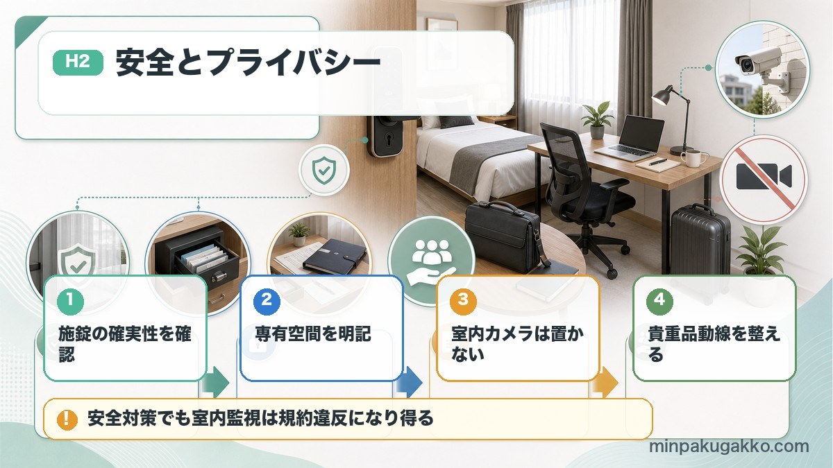 ビジネスゲスト向けのセキュリティとプライバシーを施錠、専有空間、室内カメラ禁止、貴重品動線で整理する図