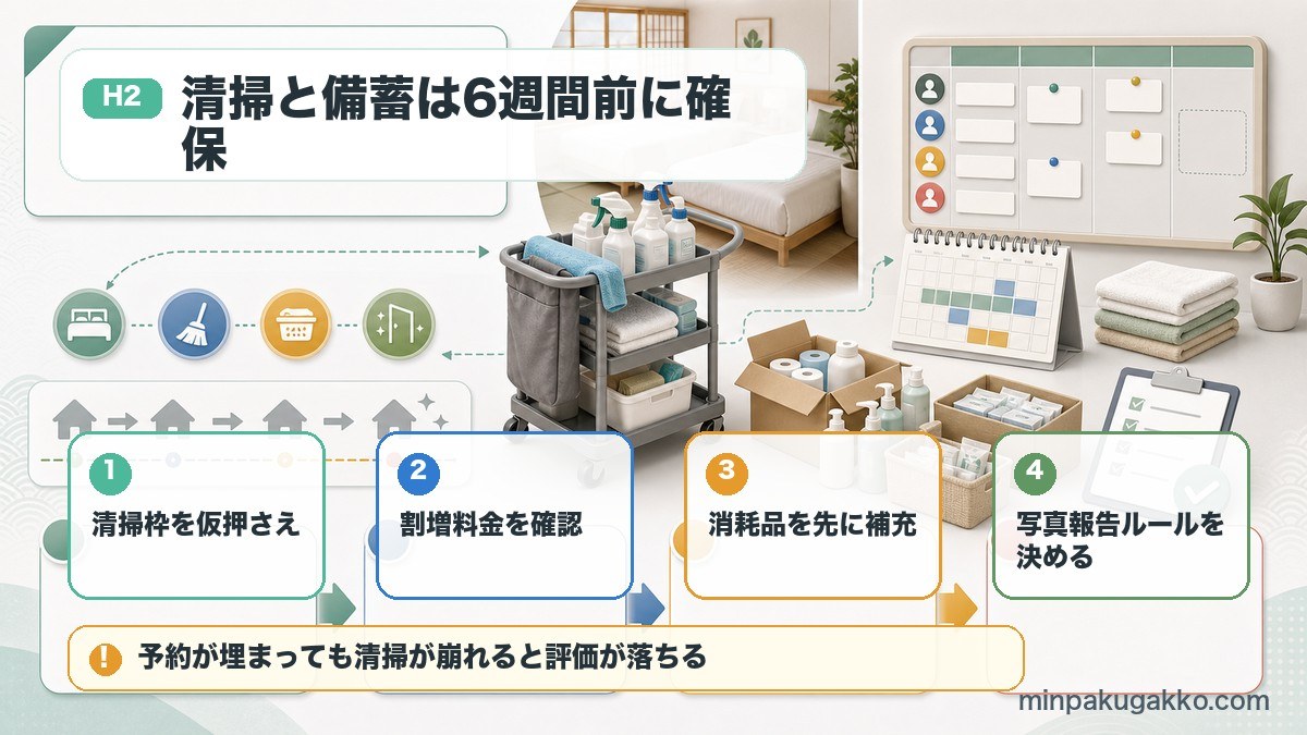 繁忙期前に清掃枠、割増料金、消耗品補充、写真報告ルールを確認する図
