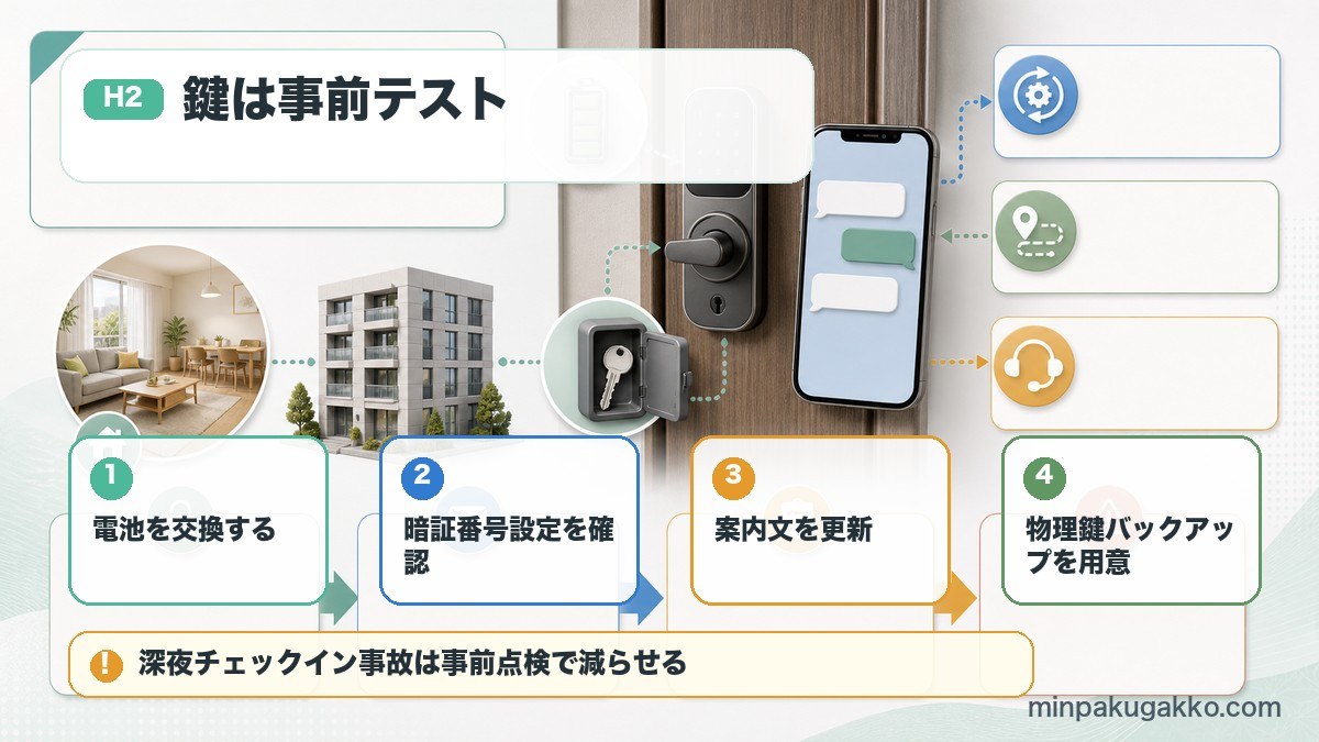 繁忙期前にスマートロックの電池交換、暗証番号、案内文、物理鍵バックアップを確認する図