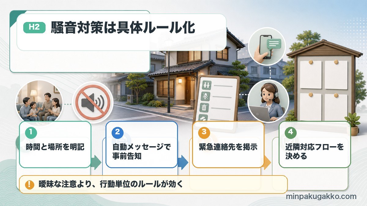 民泊繁忙期の騒音や近隣クレームを時間、場所、自動メッセージ、緊急連絡先、対応フローで予防する図