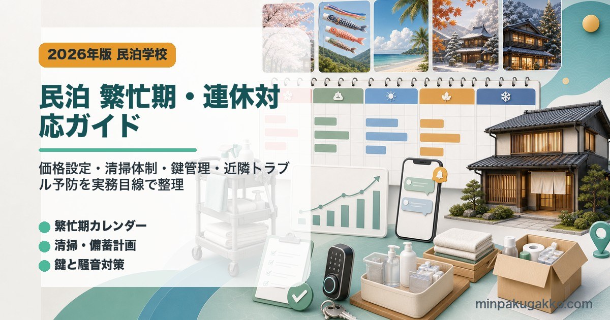 民泊の繁忙期・連休対応ガイドを示すアイキャッチ画像