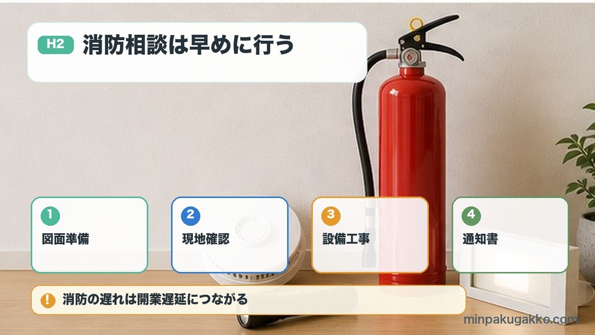 民泊開業の消防相談図面準備現地確認設備工事通知書の図解