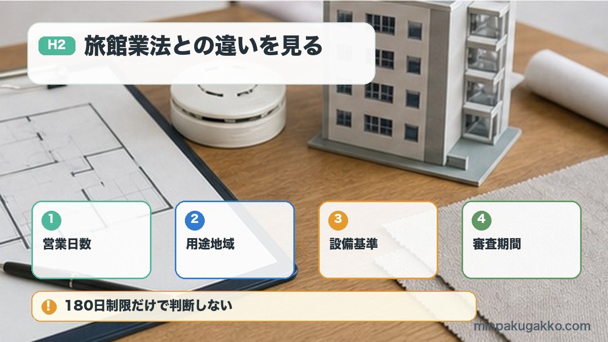 旅館業法との違いを先に比較を営業日数、用途地域、設備基準、審査期間で整理する図解