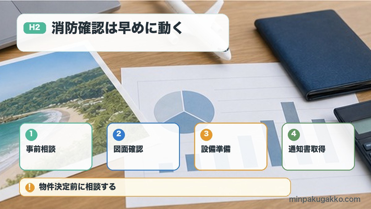 消防確認は早めに動くを事前相談、図面確認、設備準備、通知書取得で整理する図解