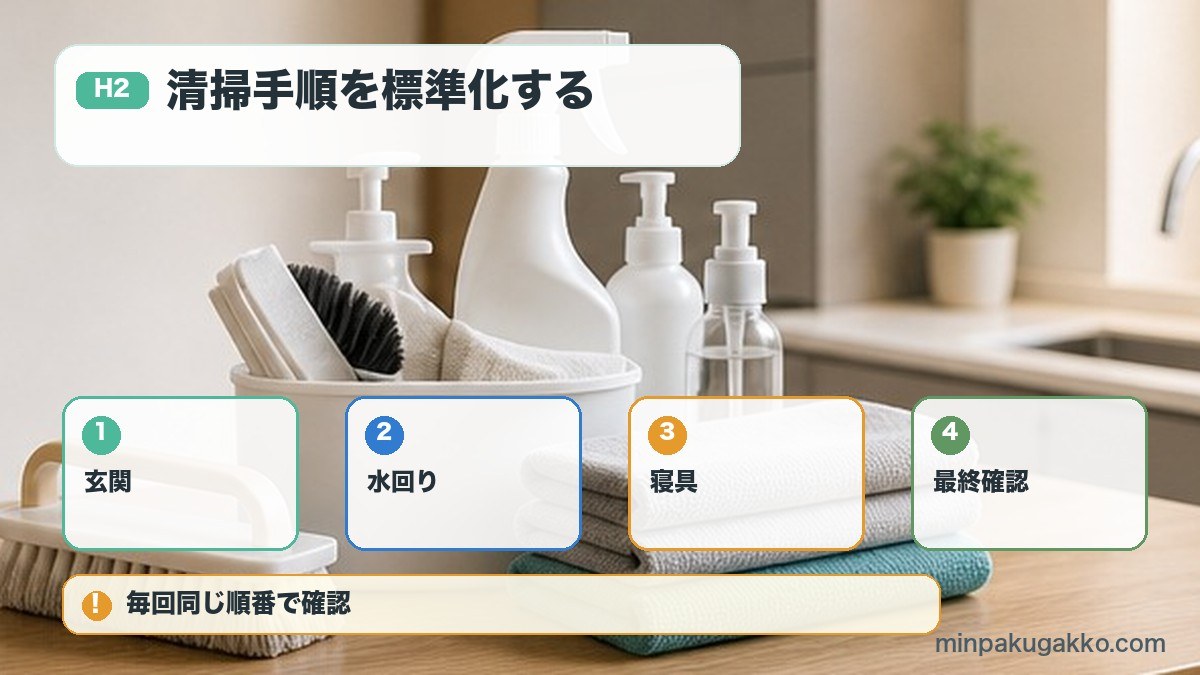 民泊清掃の玄関水回り寝具最終確認を標準化する図解