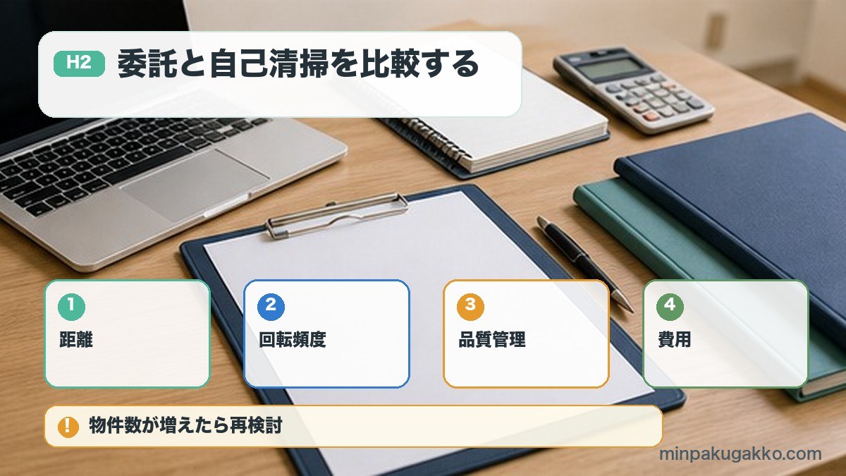 民泊清掃の委託と自己清掃を距離回転頻度品質管理費用で比較する図解