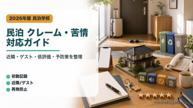 民泊のクレーム・苦情対応で確認する初動記録、近隣対応、ゲスト対応、低評価返信、再発防止をまとめたアイキャッチ画像