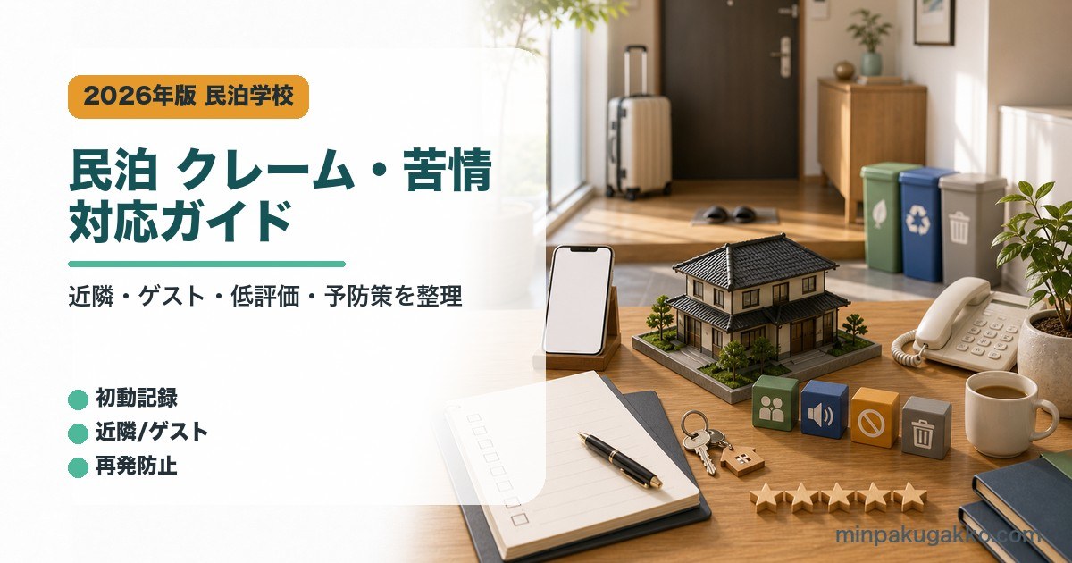 民泊のクレーム・苦情対応で確認する初動記録、近隣対応、ゲスト対応、低評価返信、再発防止をまとめたアイキャッチ画像