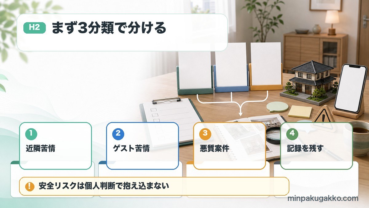 民泊クレームを近隣苦情、ゲスト苦情、悪質案件に分けて記録する対応フロー図