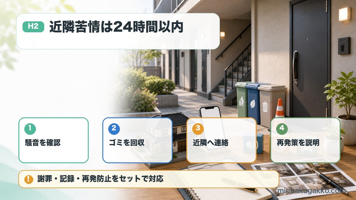 民泊の近隣苦情で騒音確認、ゴミ回収、近隣連絡、再発防止策を整理した図