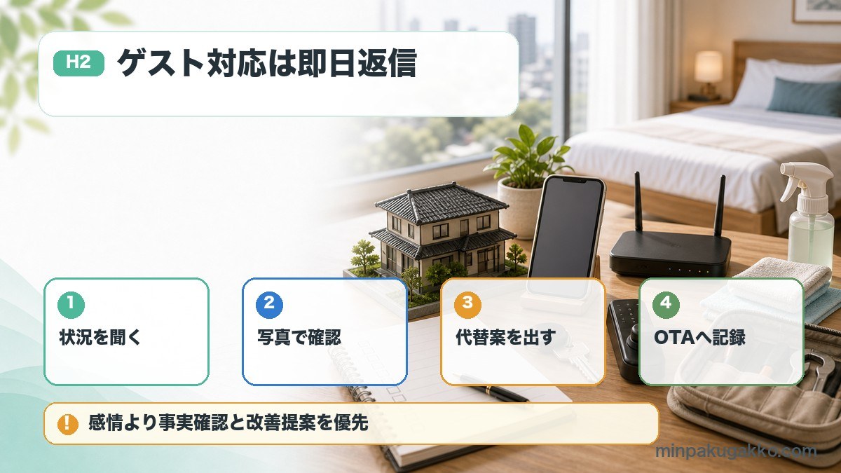 民泊のゲストクレームで状況確認、写真確認、代替案提示、OTA記録を整理した図