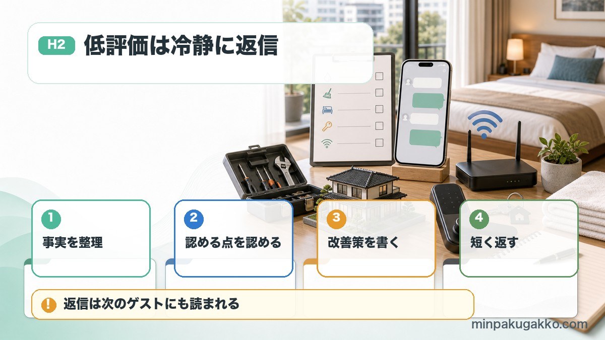 民泊の低評価レビューに対して事実整理、認める点、改善策、短い返信を整理した図