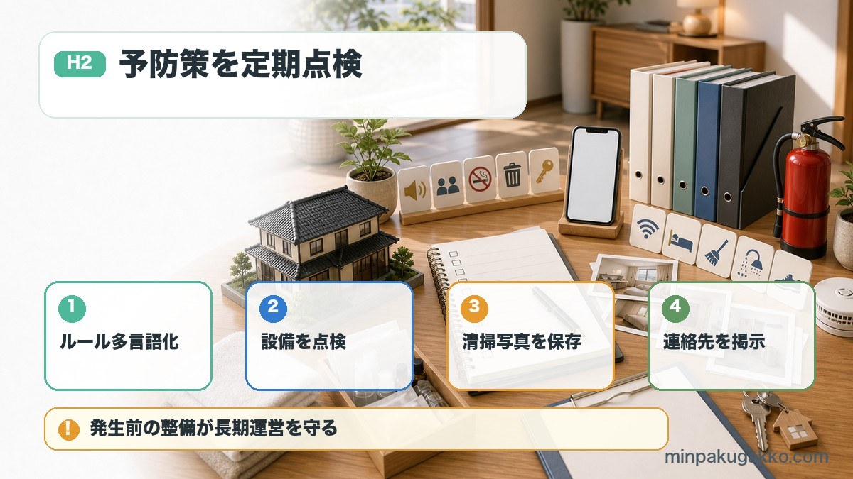 民泊の苦情予防でハウスルール多言語化、設備点検、清掃写真、連絡先掲示を確認する図