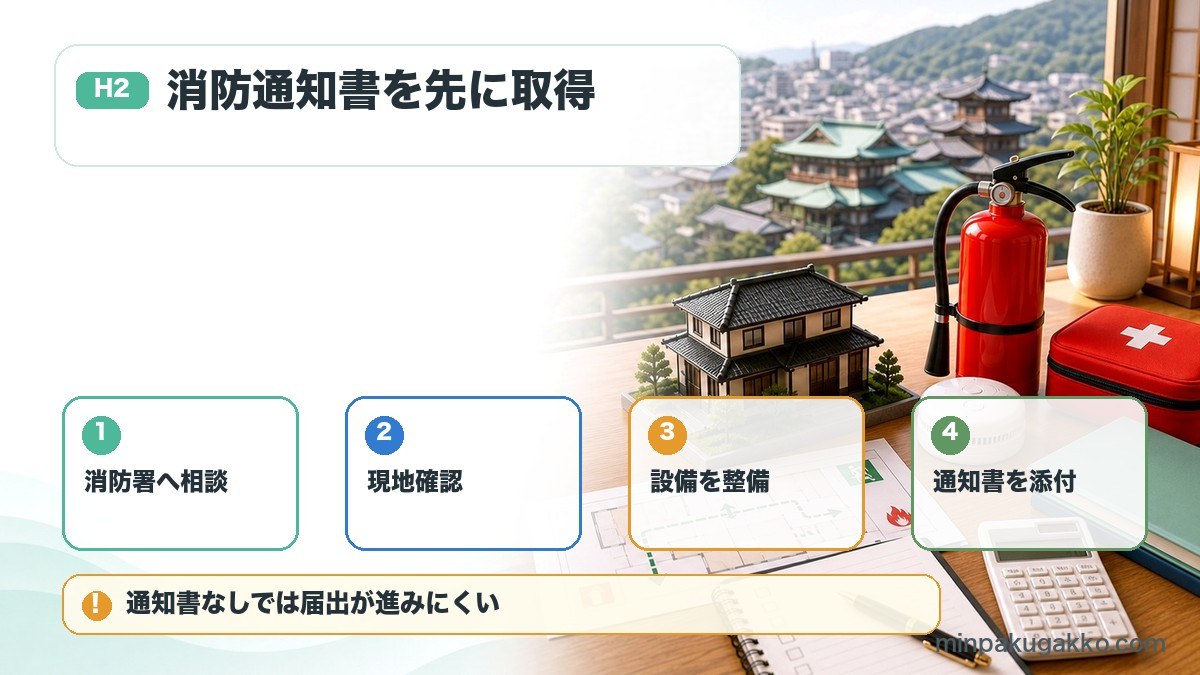 愛媛県の民泊消防対応で消防署相談、現地確認、設備整備、消防法令適合通知書を整理した図