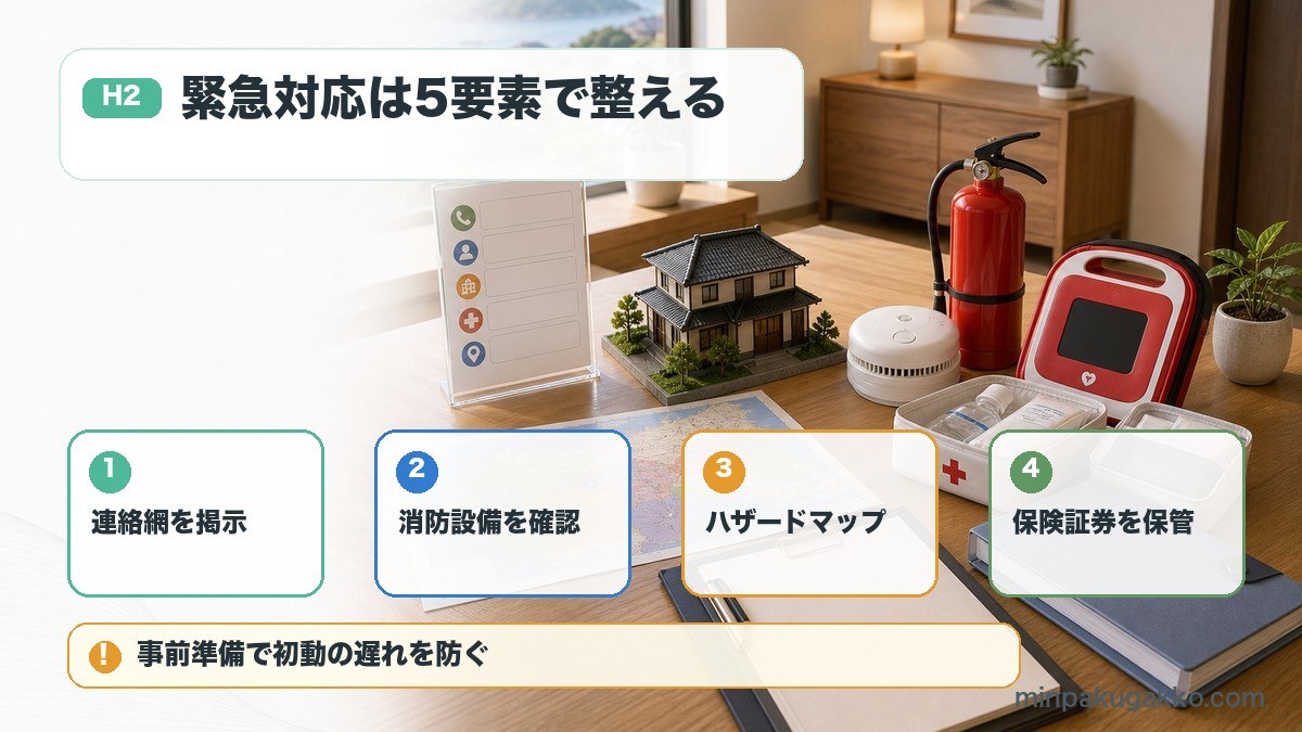 民泊の緊急対応で連絡網、消防設備、ハザードマップ、急病対応、保険を整理した図