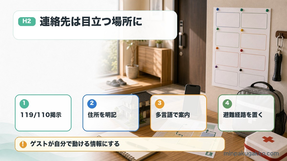 民泊の緊急連絡網で119番、110番、物件住所、多言語案内、避難経路を確認する図