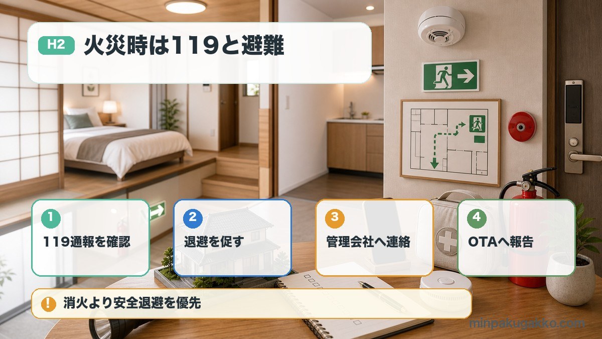 民泊の火災対応で119番通報、避難、管理会社連絡、OTA報告を整理した図