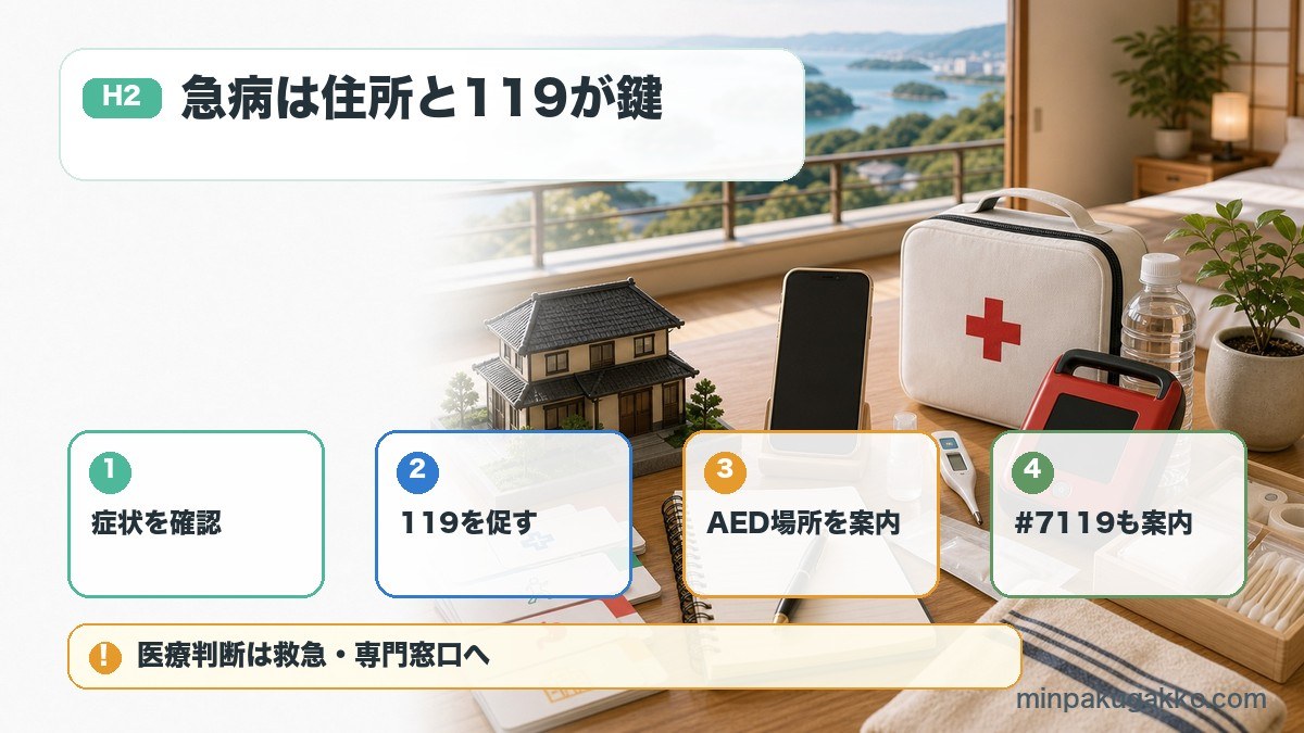 民泊の急病対応で症状確認、119番通報、AED、#7119相談を整理した図