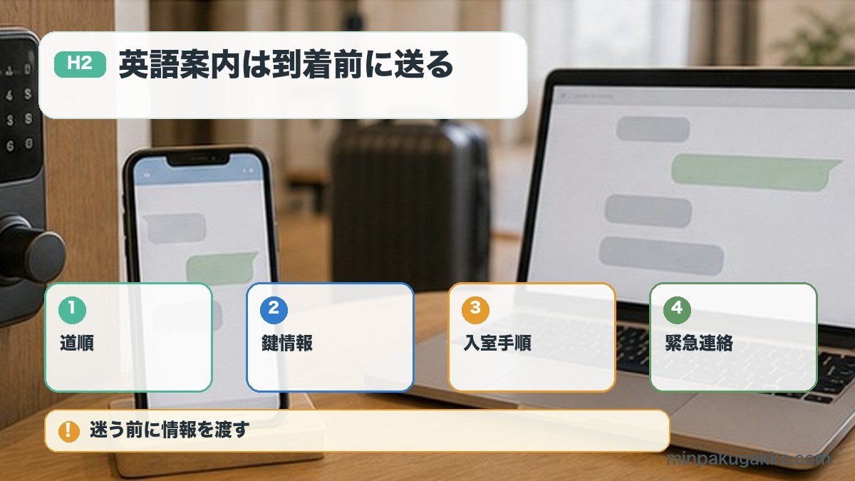 英語案内は到着前に送るを道順、鍵情報、入室手順、緊急連絡で整理する図解