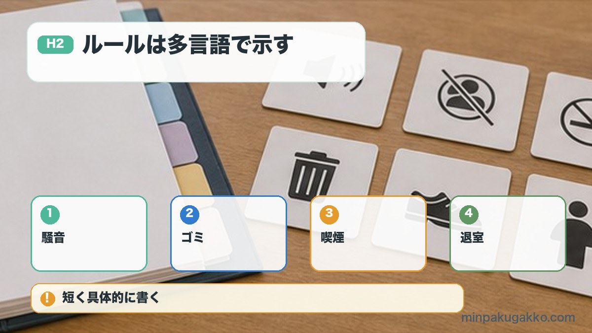 ハウスルールは多言語で示すを騒音、ゴミ、喫煙、退室で整理する図解