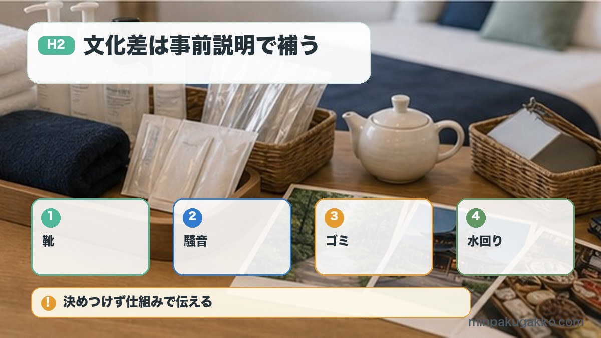 文化差は事前説明で補うを靴、騒音、ゴミ、水回りで整理する図解