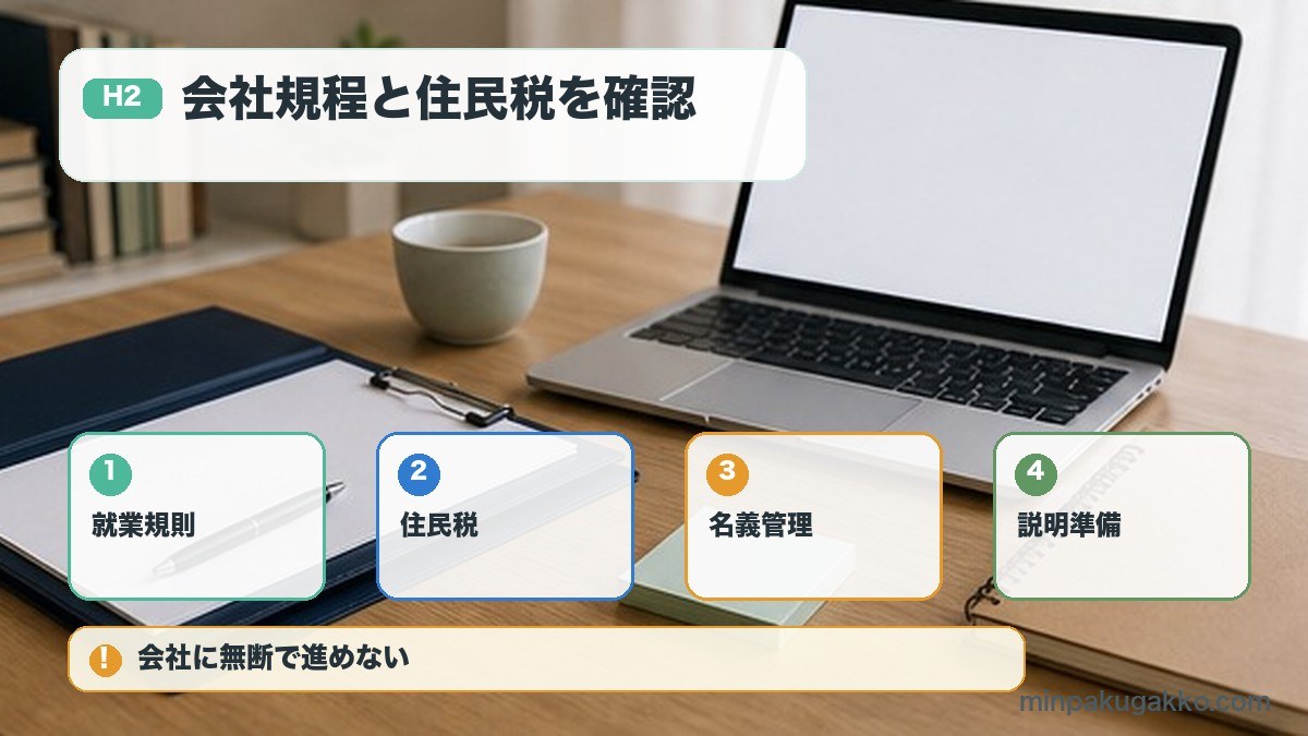 副業民泊で就業規則住民税名義管理説明準備を確認する図解